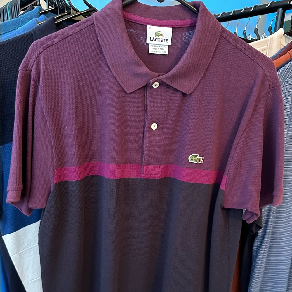 Lacoste Polo Men’s Large 6 Black Purple Color Block